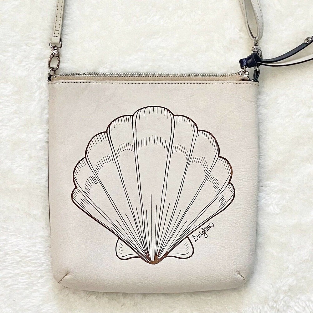 Brighton Crossbody Seashell Beach Mini Messenger Bag Cream Navy Leather
